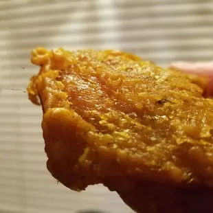 a hand holding a piece of fried food