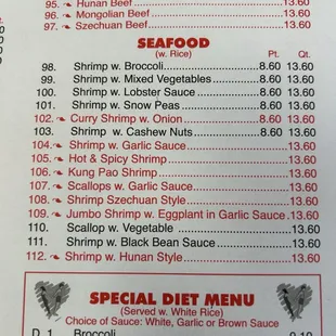 Seafood menu