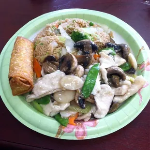 Moo Goo Gai Pan with veggie fried rice and a veggie eggroll.