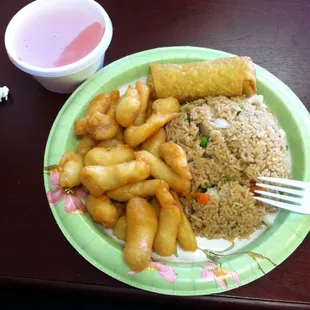 Sweet and Sour chicken with chicken fried rice and a veggie eggroll.