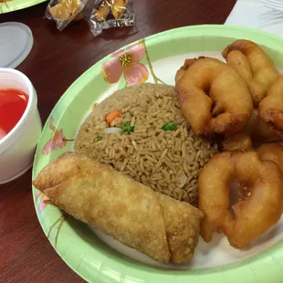 The sweet and sour shrimp combo dinner with fried rice and egg roll (as it comes. You can sub a veggie version for extra $)