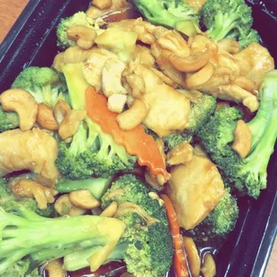 Chicken and broccoli.. (I add cashews)