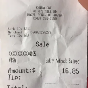 China One receipt for almond chicken and general tso order