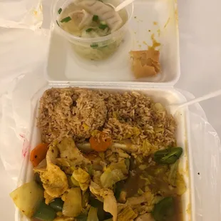 Curry chicken, fried rice, egg drop soup