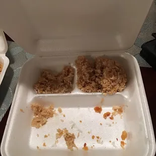 the leftover of rice in a styrofoam container