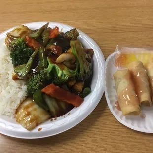 Egg rolls and stir fried veggies