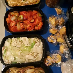 Top to bottom: Chicken fried rice, hot and sour soup, szechuan shrimp, chicken chow mein, house special chow mein.