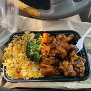 Orange chicken. Very hot. Looks good but it was not great.