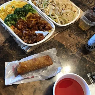 Orange chicken on bottom and rice noodle house special on top. Orange chicken was way too spicy.