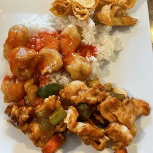 Sweet and sour chicken and rice, with chicken and cashews, crab Rangoon