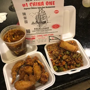 App-Chicken wings , Soup- large hot &amp;sour, lunch special- Kung Pao Chicken no peanuts extra spicy!!! Delicious I will definitely return.