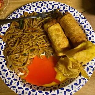 Crab Rangoon, egg rolls and lomein.