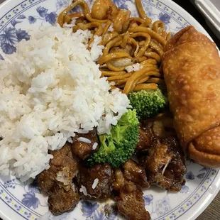 Rice, General tso chicken, lo mein and pork egg roll