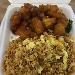 Orange chicken with fried rice.