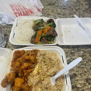 Orange chicken with fried rice and beef broccoli with white rice lunch specials.