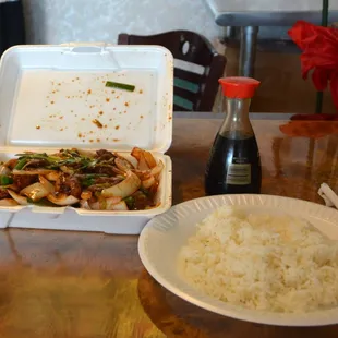 Mongolian Beef in the Clamshell and White Rice on the Plate