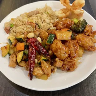 BBQ Pork Fried Rice, General Chicken, Kung Pao Chicken, 2. Crab Rangoons