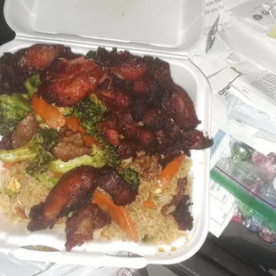 I ordered one entree fried rice beef and broccoli  I got hard chopped up pieces of chicken supposed to be chicken sticks