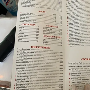 the menu for the restaurant
