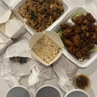 The spread! Hot and Sour Soup, General Tso's Chicken Special, Chicken with Garlic Sauce
