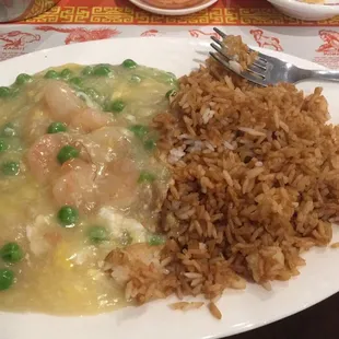 Lunch special Baby Shrimp with Lobster sauce and fried rice.