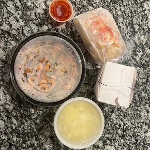 Cashew nut chicken, egg drop soup, fried rice, crab Rangoon