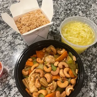 Cashew nut chicken, egg drop soup, fried rice, crab Rangoon