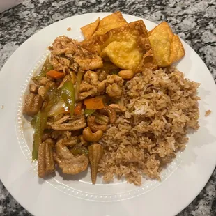 Cashew nut chicken, fried rice, crab Rangoon