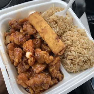 Orange chicken, fried rice, egg roll