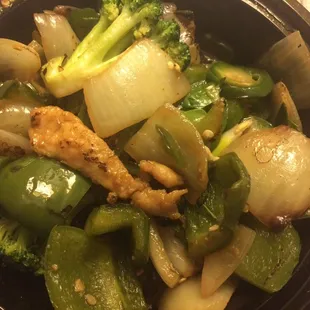 This is supposed to be Thai Basil Chicken. What a joke. If you order it hot they add jalapeño