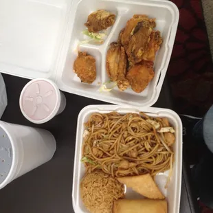 Chicken lo mein and wings