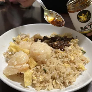 Chicken Salted Fish Fried Rice and Honey Walnut Shrimp. Had to add Au Co Fine Foods Sa Te Chili Oil to level up. Got it on Amazon.