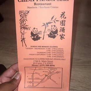 Menu at establishment