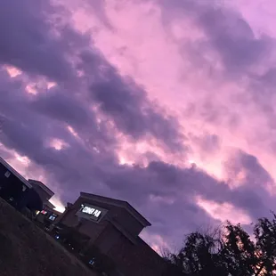 a pink and purple sky over a residential area