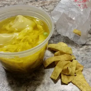 Wonton egg drop soup with crispy noodles