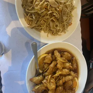 Chow mein (top) and orange chicken (bottom).