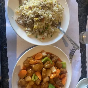 Beef and pork fried rice (top), and Sweet And Sour Pork (bottom)