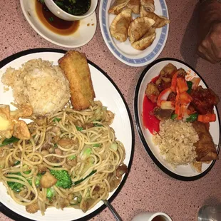 Sweet and sour pork, chicken lo mein and pot stickers