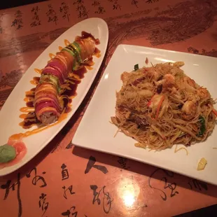 Rainbow Roll and Singapore Noodles.