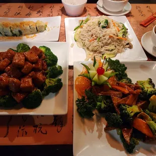 General Tso Tofu, Vegan Sushi Roll, Tofu &quot;beef&quot; &amp; Brocolli, noodles &amp; veggies, vegan hot &amp; sour soup! Vegan egg rolls eaten before this pic!