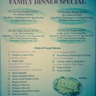 Family Dinner Menu May 2015