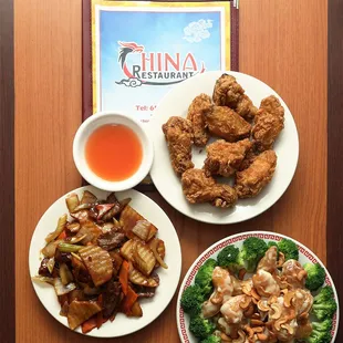fried chicken, potato beef and hong kong shrimp