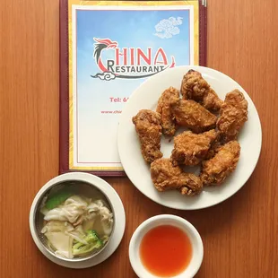 fried chicken and wonton soup