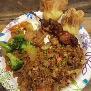 Wontons, teriyaki chicken on a stick, pork fried rice, and beef &amp; broccolli. All are MUST haves here.