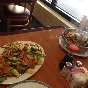 House pan fried noodles and triple delight hot pot