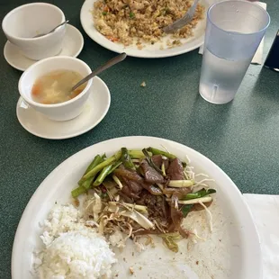 Egg drop soup, Fried Rice Choice and Mongolian Beef* $11.50 per lunch entree