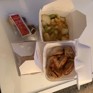 Shrimp Curry, Pot Stickers and Rice. It&apos;s disappointing that this entire order was $21. The dinner portion was small.