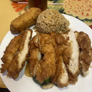 Boneless Fried Chicken and Vegetables, shrimp fried rice and egg roll.