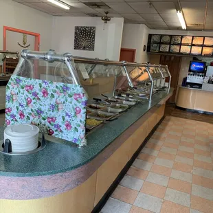 a buffet with a variety of food items