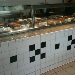 a buffet with a variety of food items